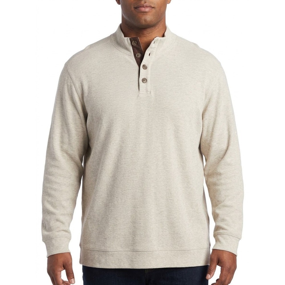 Tasso Elba Mens XXL Oatmeal Beige 100% Cotton Mock Neck Henley Sweater